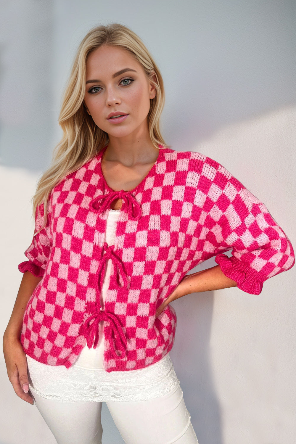 Double Take Tied Checkered Dropped Shoulder Flounce Sleeve Cardigan-TOPS / DRESSES-[Adult]-[Female]-Hot Pink-S-2022 Online Blue Zone Planet