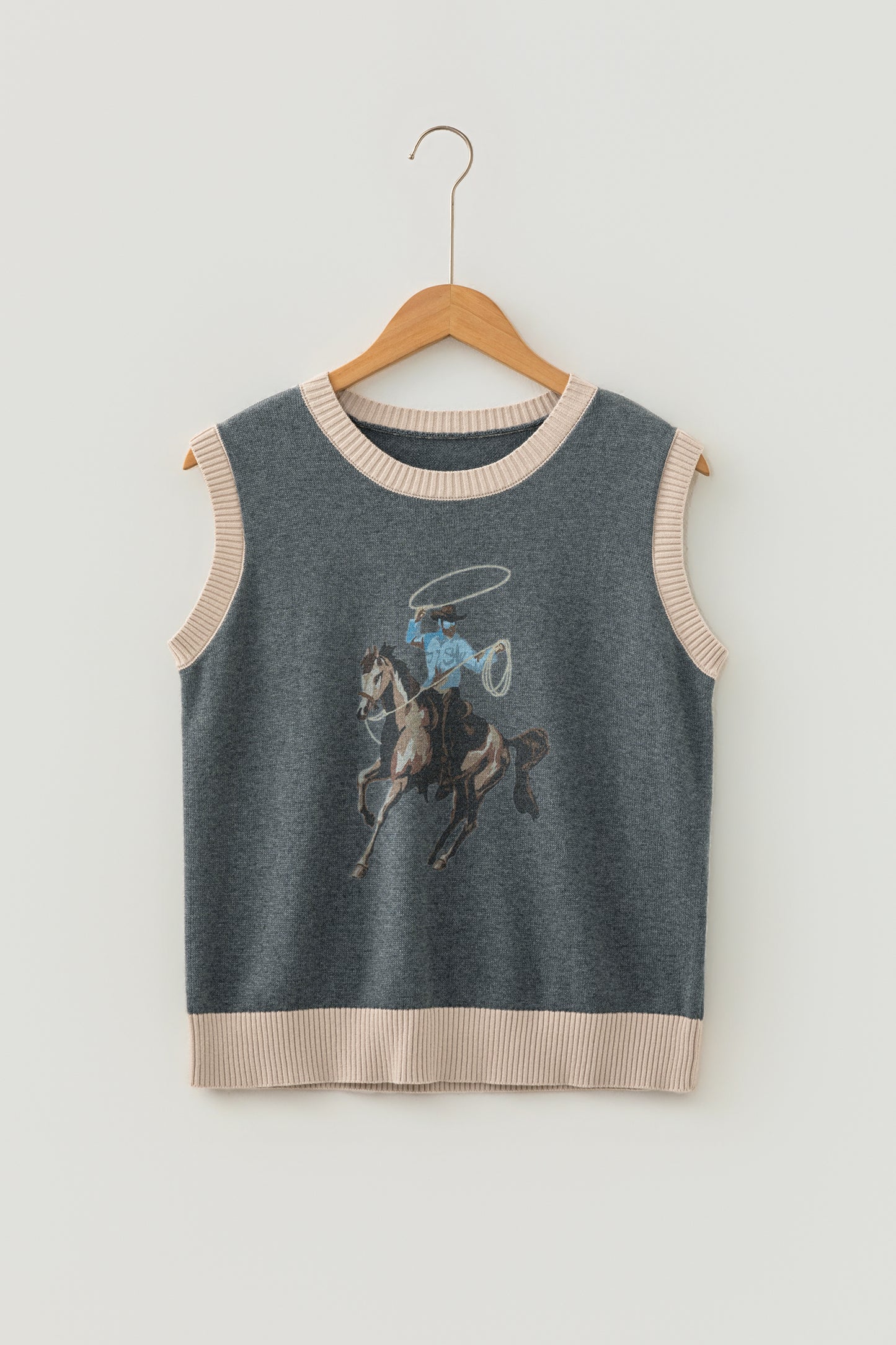 Khaki Western Print Colorblock Sleeveless Knit Vest Regular Length-Sweaters & Cardigans/Sweater Vests-[Adult]-[Female]-2022 Online Blue Zone Planet