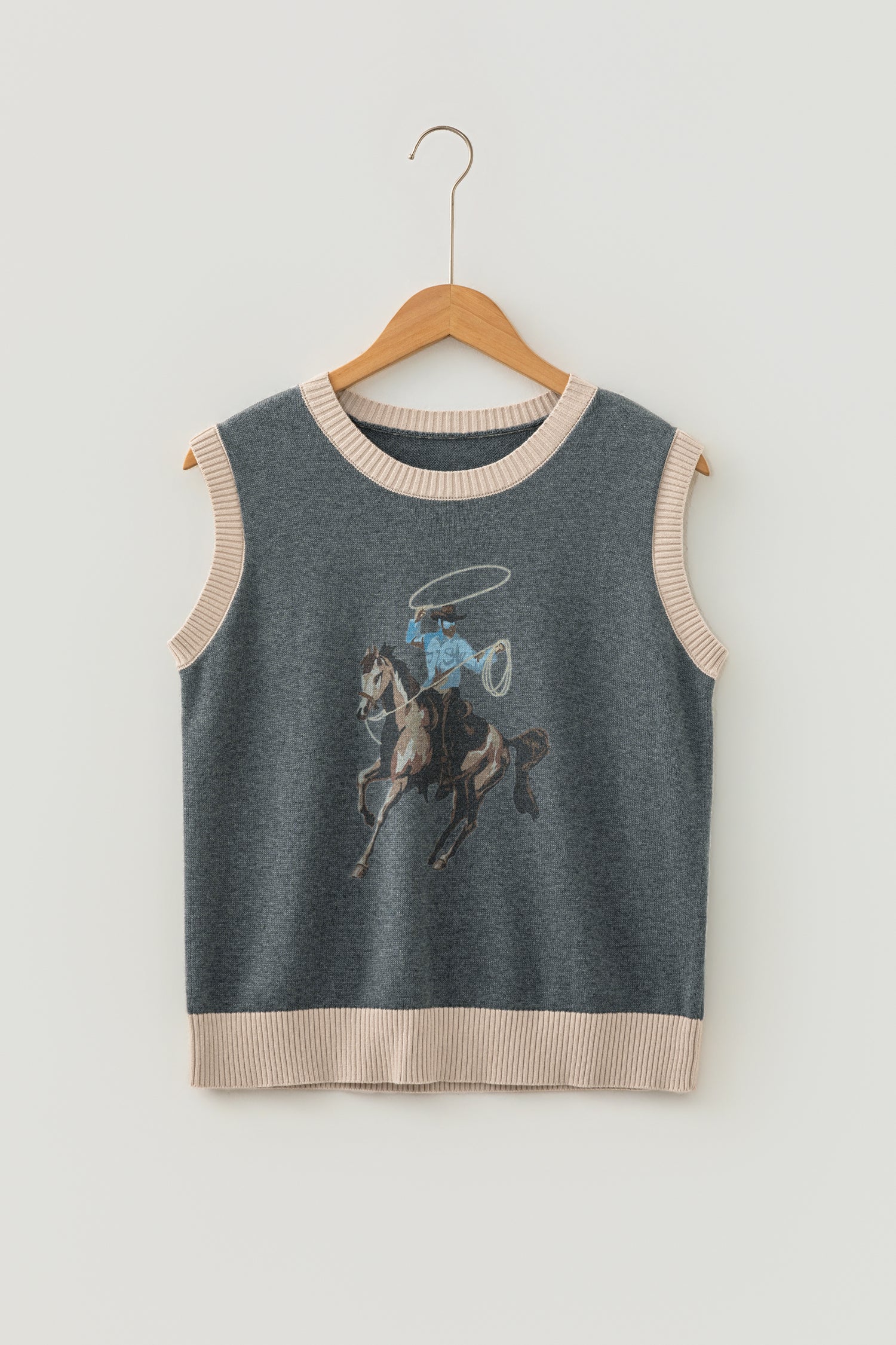 Khaki Western Print Colorblock Sleeveless Knit Vest Regular Length-Sweaters & Cardigans/Sweater Vests-[Adult]-[Female]-2022 Online Blue Zone Planet