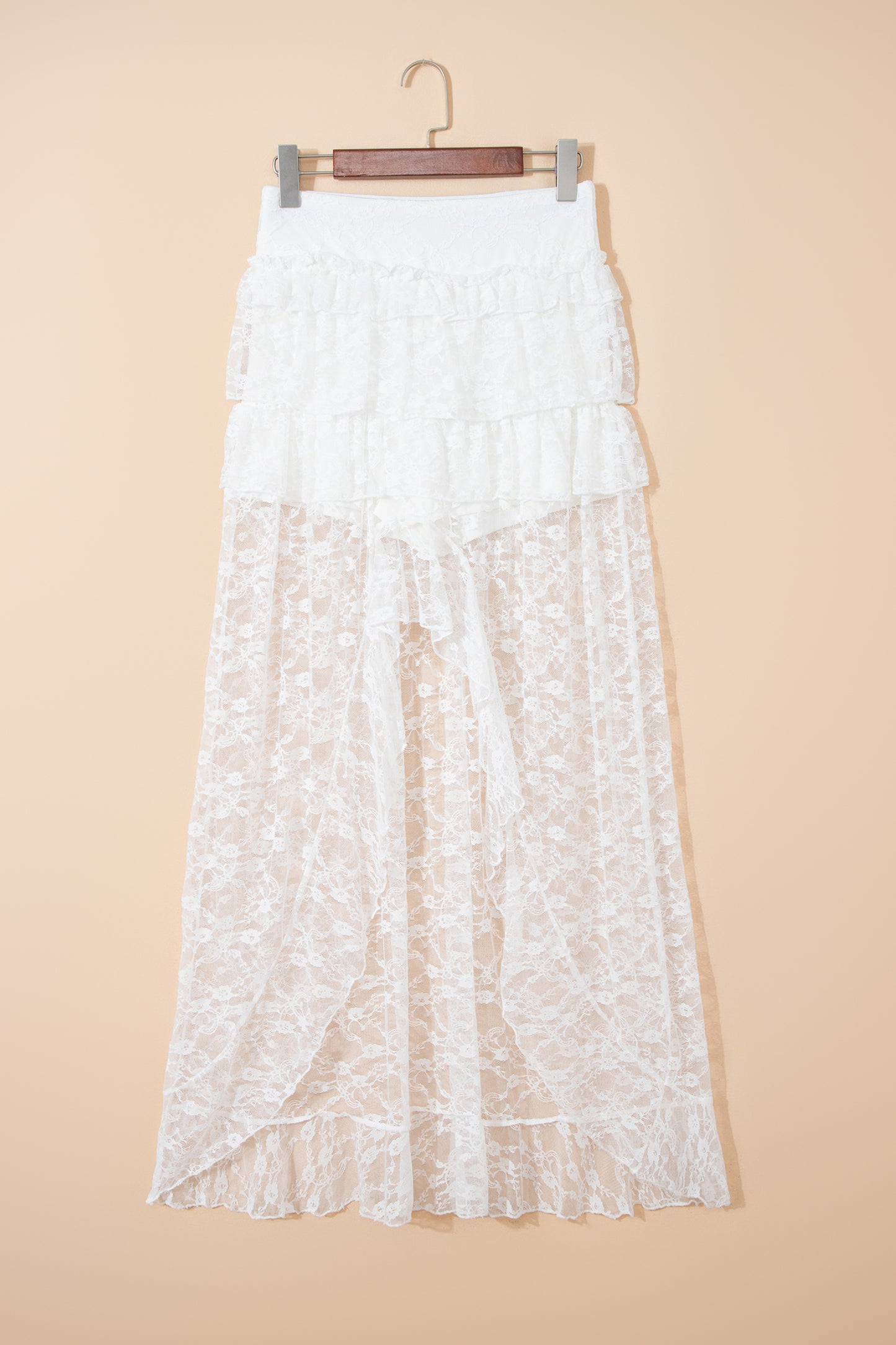 White Sheer Lace Frilly Ruffles High Low Long Skirt-Bottoms/Skirts & Petticoat-[Adult]-[Female]-2022 Online Blue Zone Planet