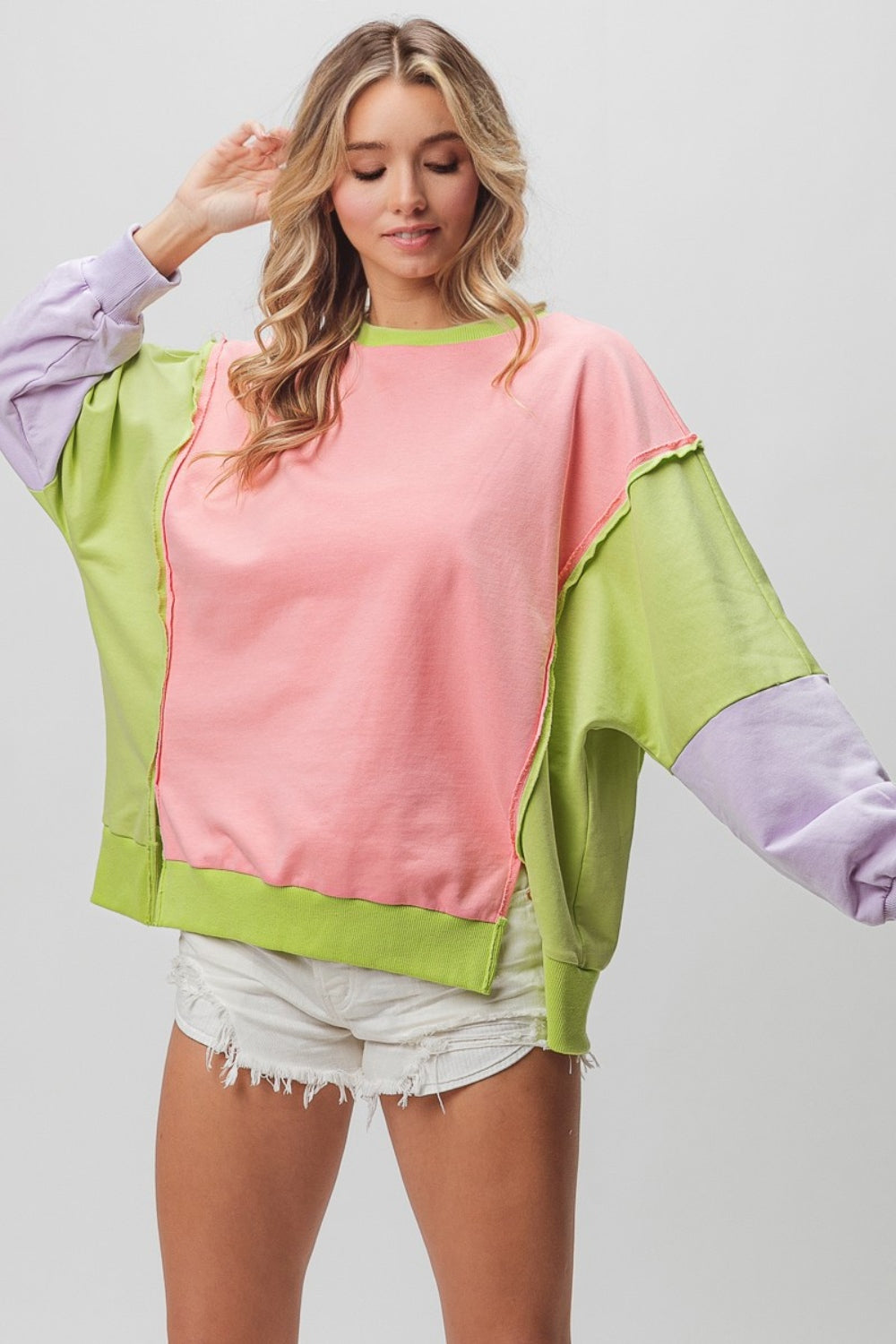 BiBi Washed Color Block Sweatshirt-TOPS / DRESSES-[Adult]-[Female]-Pink/Lime/Lavender-S-2022 Online Blue Zone Planet