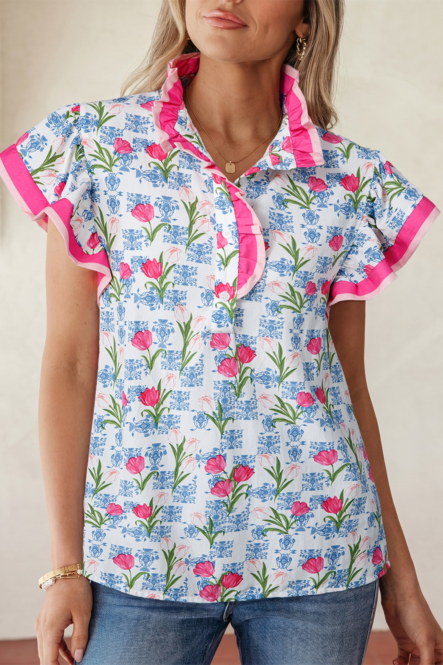 Rose Floral Print Color Block Striped Trim Flutter Sleeve Half Button Blouse-Tops/Blouses & Shirts-[Adult]-[Female]-2022 Online Blue Zone Planet