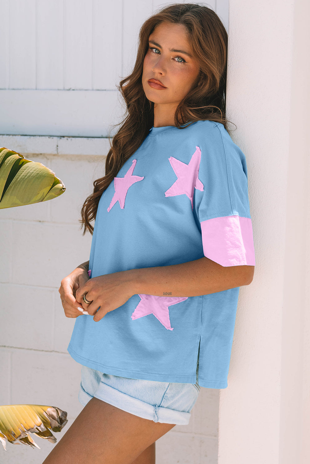 Myosotis Frayed Denim Star Patched Oversize T Shirt-Tops/Tops & Tees-[Adult]-[Female]-2022 Online Blue Zone Planet