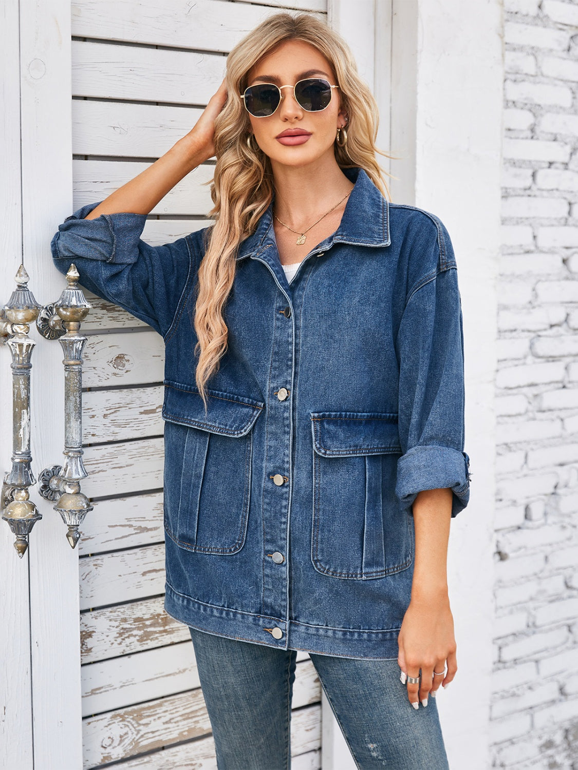 Button Up Long Sleeve Denim Jacket-TOPS / DRESSES-[Adult]-[Female]-2022 Online Blue Zone Planet