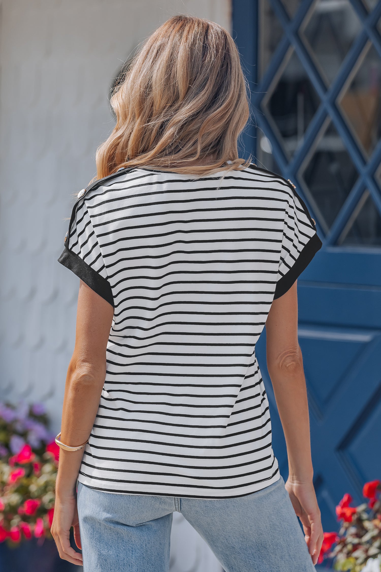 Black Stripe Cuffed Sleeve Button Detail Loose Tee-Tops/Tops & Tees-[Adult]-[Female]-2022 Online Blue Zone Planet