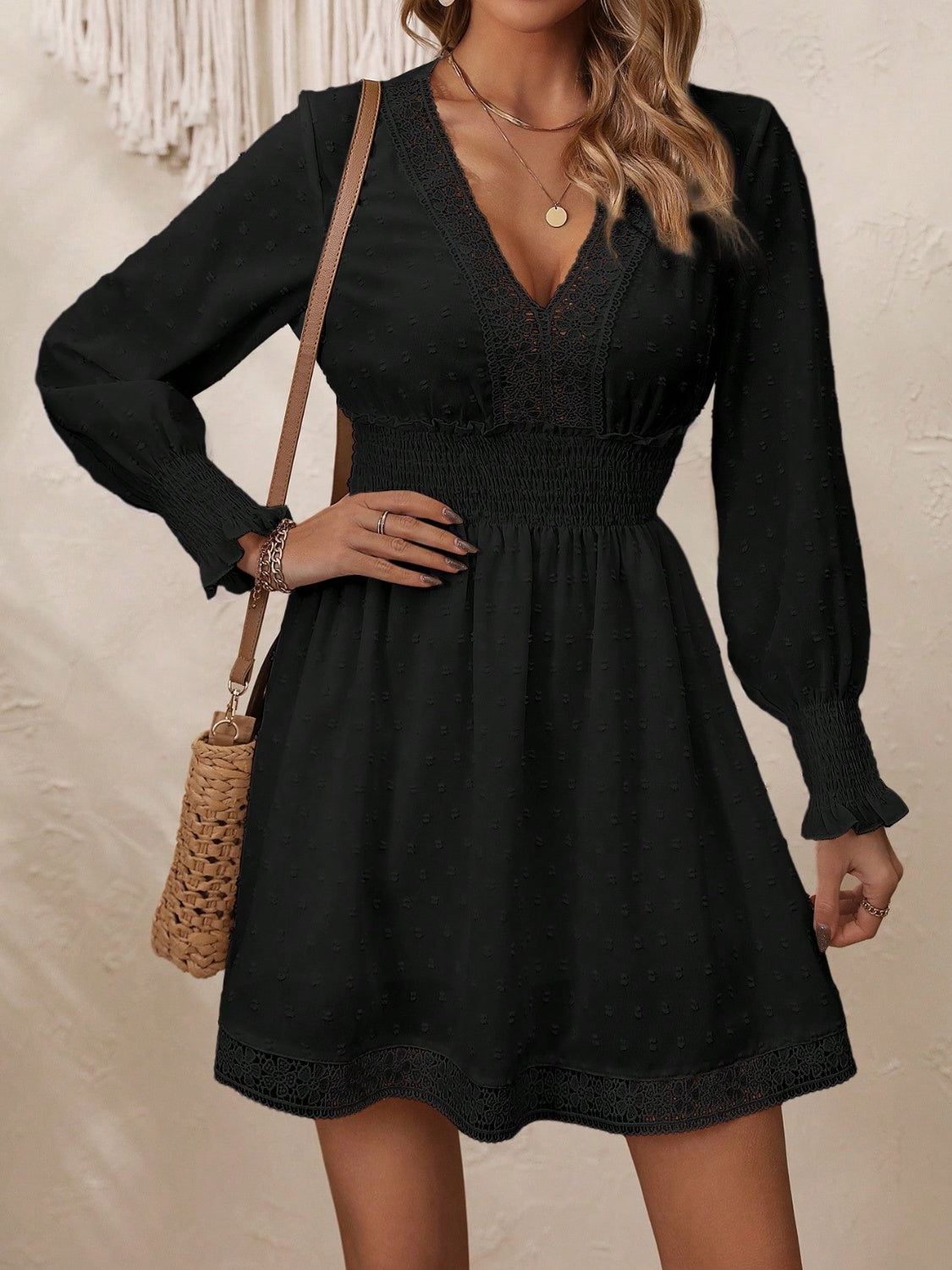 Lace Detail V-Neck Long Sleeve Dress-TOPS / DRESSES-[Adult]-[Female]-Black-XS-2022 Online Blue Zone Planet