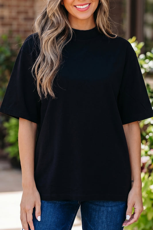 Black Solid Color High Neck Oversize Tee-Tops/Tops & Tees-[Adult]-[Female]-2022 Online Blue Zone Planet
