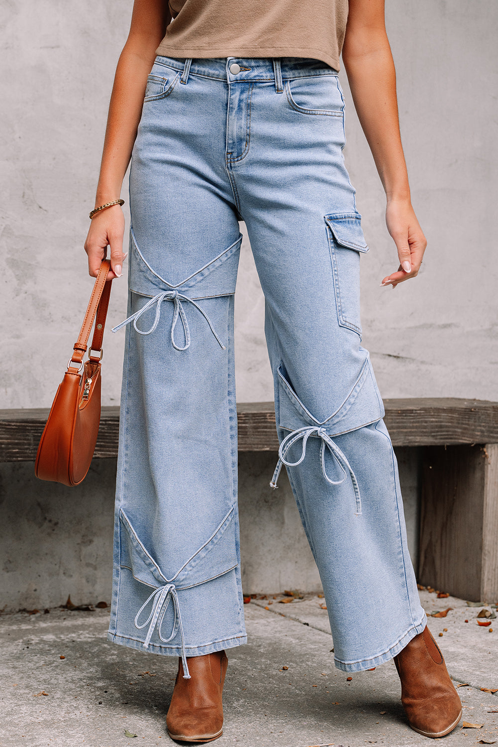 Beau Blue Bowknot Decor Boyfriend Cargo Jeans-Bottoms/Jeans-[Adult]-[Female]-2022 Online Blue Zone Planet