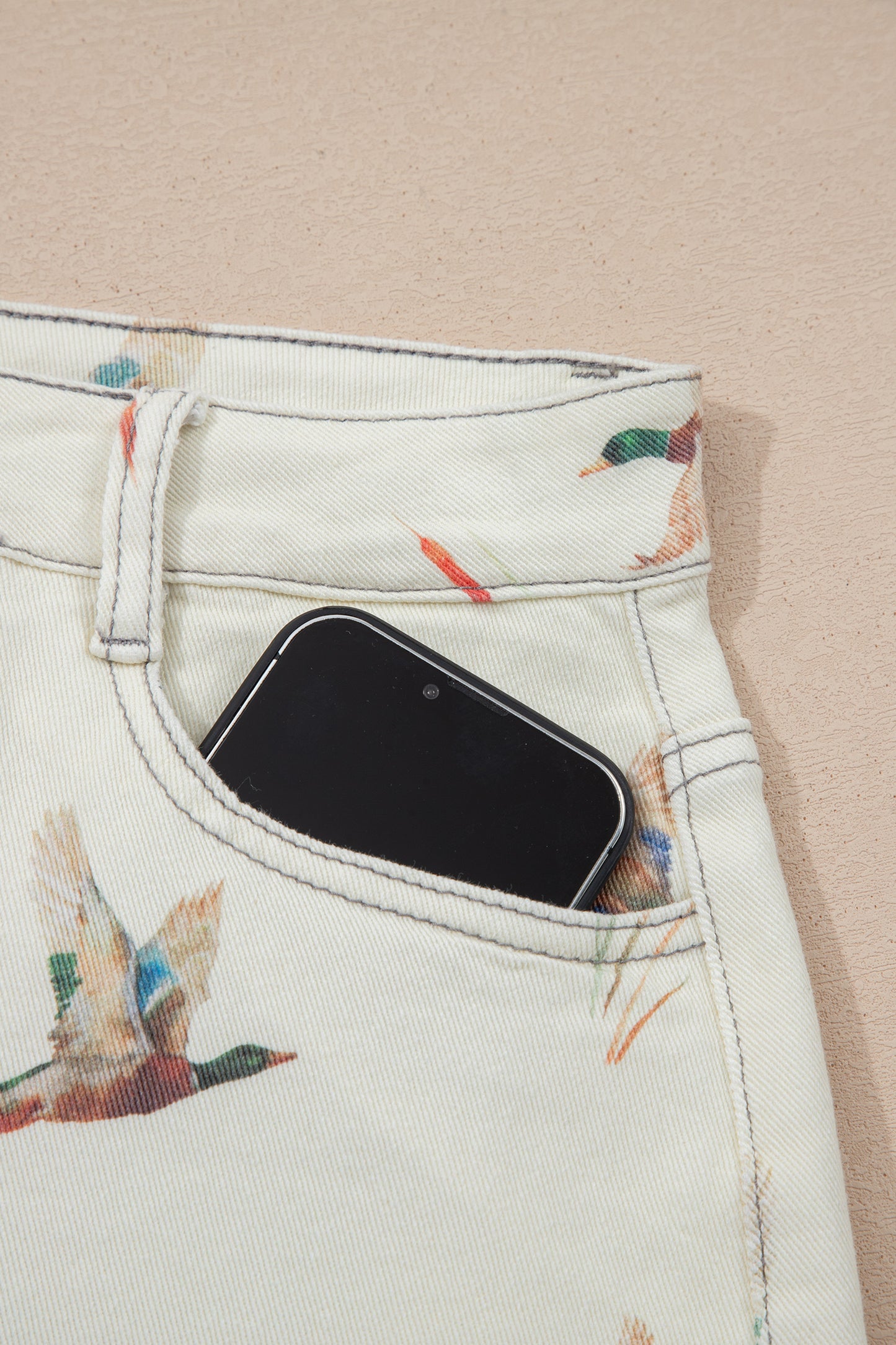 Beige Wild Duck Mallard High Waist Frayed Denim Shorts-Bottoms/Denim Shorts-[Adult]-[Female]-2022 Online Blue Zone Planet