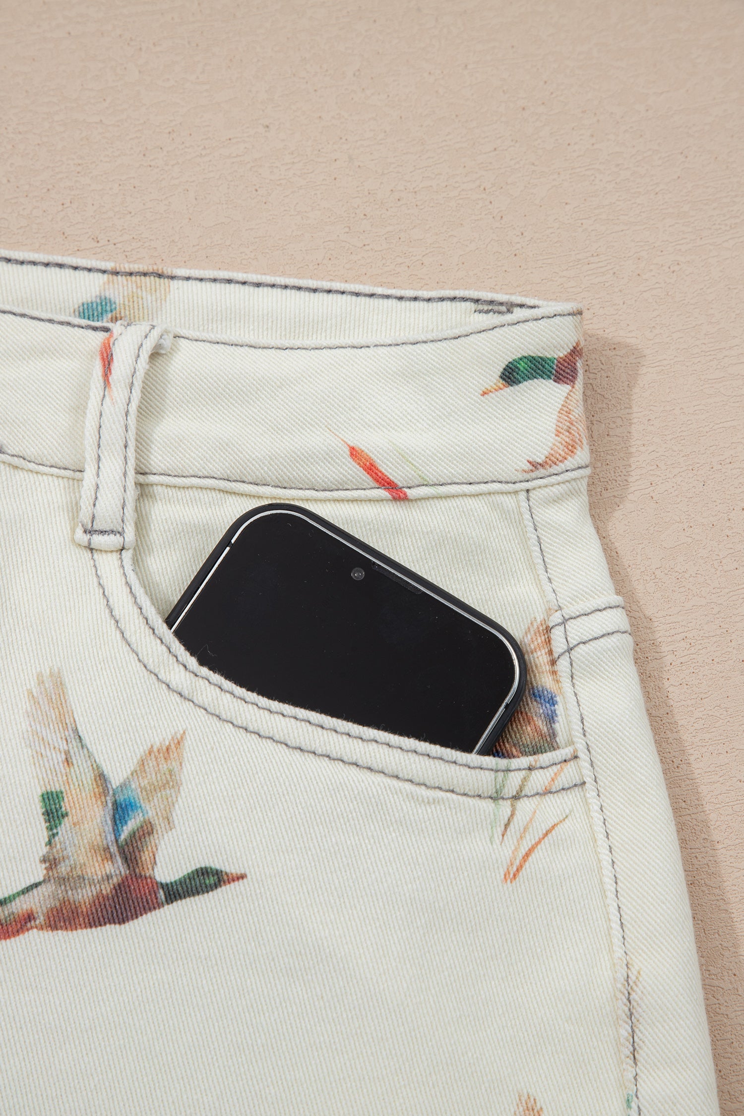 Beige Wild Duck Mallard High Waist Frayed Denim Shorts-Bottoms/Denim Shorts-[Adult]-[Female]-2022 Online Blue Zone Planet