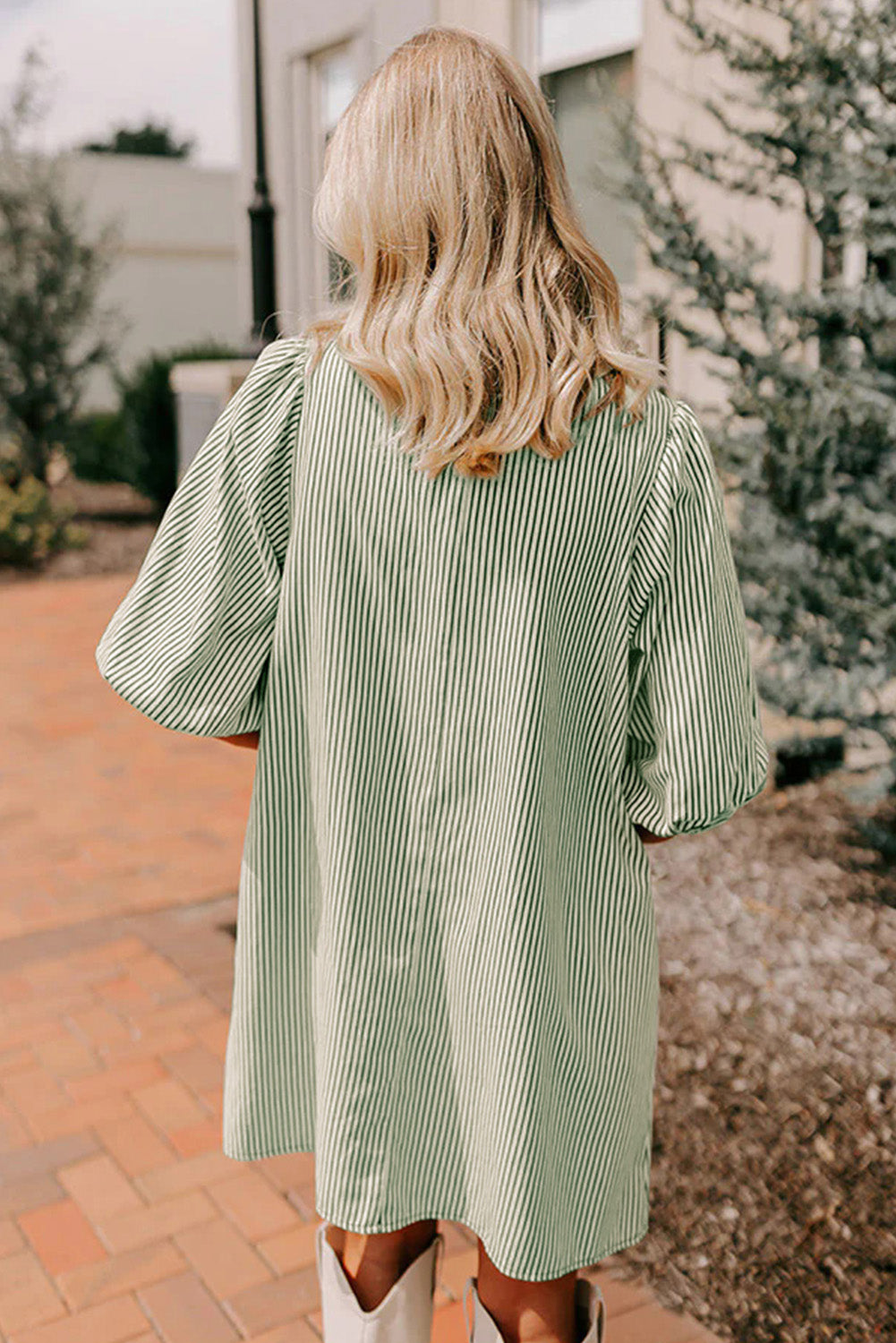 Green Stripe Color Block Patchwork Shirt Collar Button Down Puff Sleeve Mini Dress-TOPS / DRESSES-[Adult]-[Female]-2022 Online Blue Zone Planet