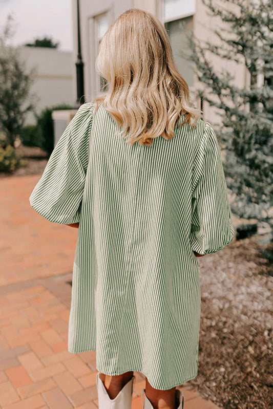 Green Stripe Color Block Patchwork Shirt Collar Button Down Puff Sleeve Mini Dress-TOPS / DRESSES-[Adult]-[Female]-2022 Online Blue Zone Planet