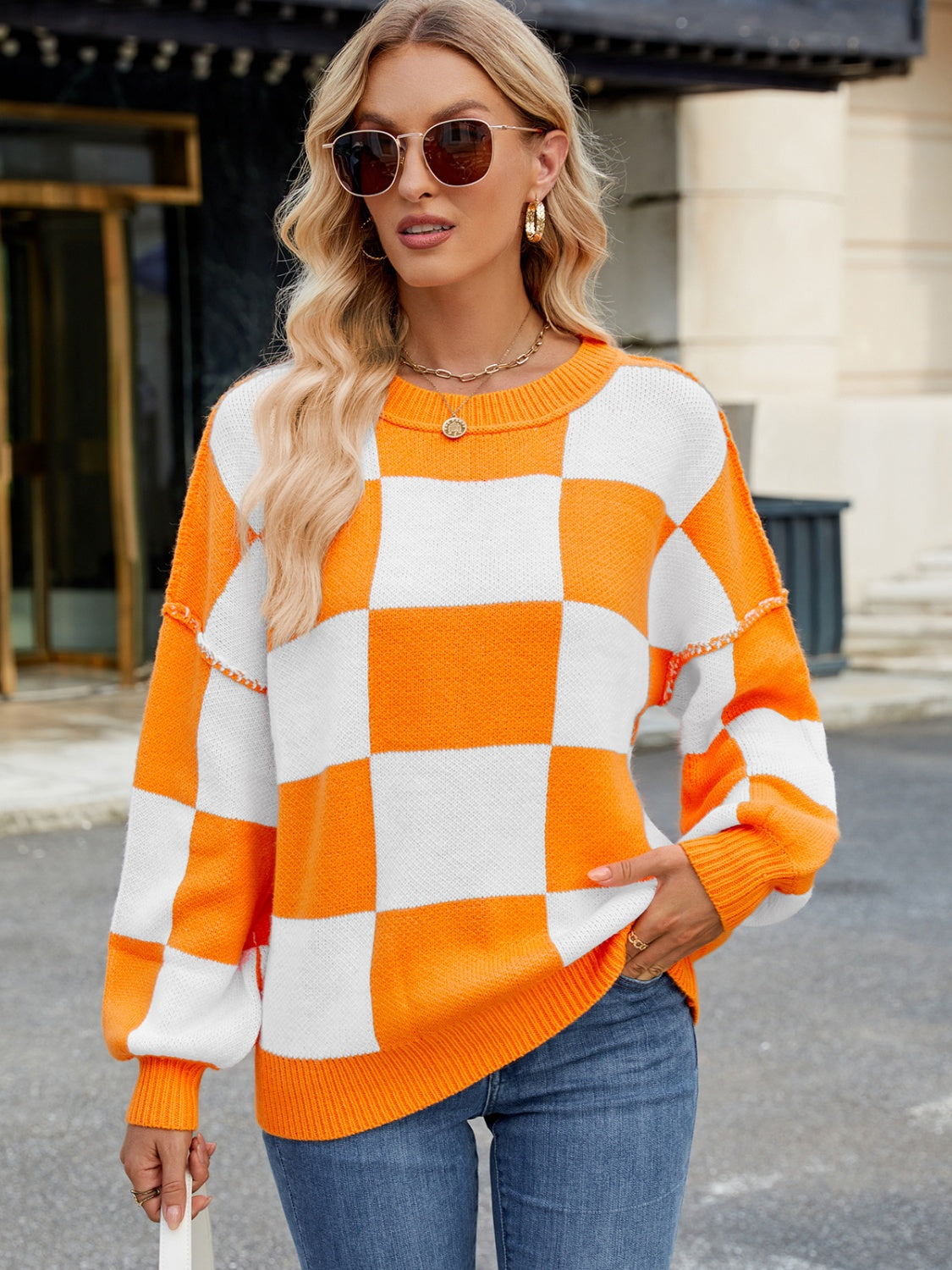 Checkered Round Neck Long Sleeve Sweater-TOPS / DRESSES-[Adult]-[Female]-2022 Online Blue Zone Planet