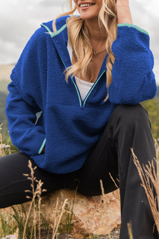 Sky Blue Sherpa Half Zip Contrast Trim Pullover Hoodie-Tops / Dresses-[Adult]-[Female]-Sky Blue-S-2022 Online Blue Zone Planet