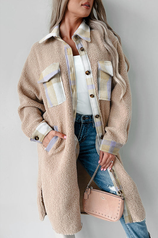 Smoke Gray Plaid Patchwork Collared Button-up Sherpa Long Coat-Outerwear/Coats-[Adult]-[Female]-Smoke Gray-S-2022 Online Blue Zone Planet