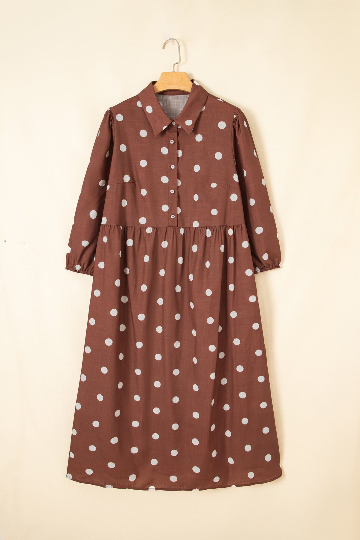 Brown Polka Dot V Neck Abdomen Pocket Gathered Cuffs Long Sleeve Shift Plus Size Dress-TOPS / DRESSES-[Adult]-[Female]-2022 Online Blue Zone Planet