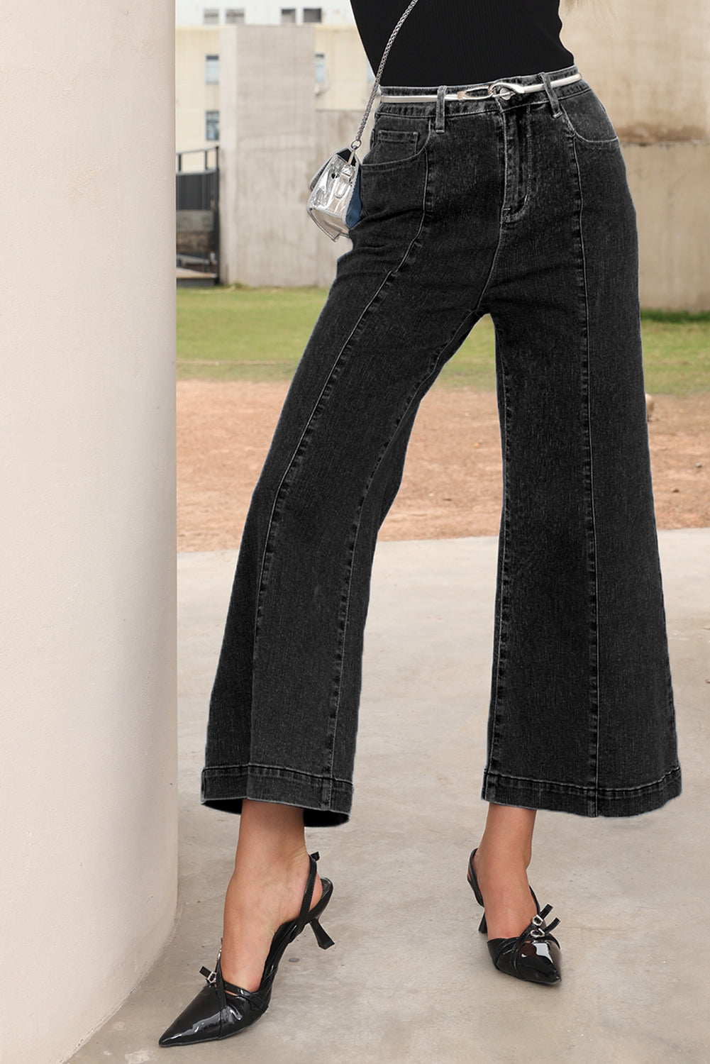 Black Plain Seam Detail Flared Bottom Ankle Length Jeans-Bottoms/Jeans-[Adult]-[Female]-2022 Online Blue Zone Planet
