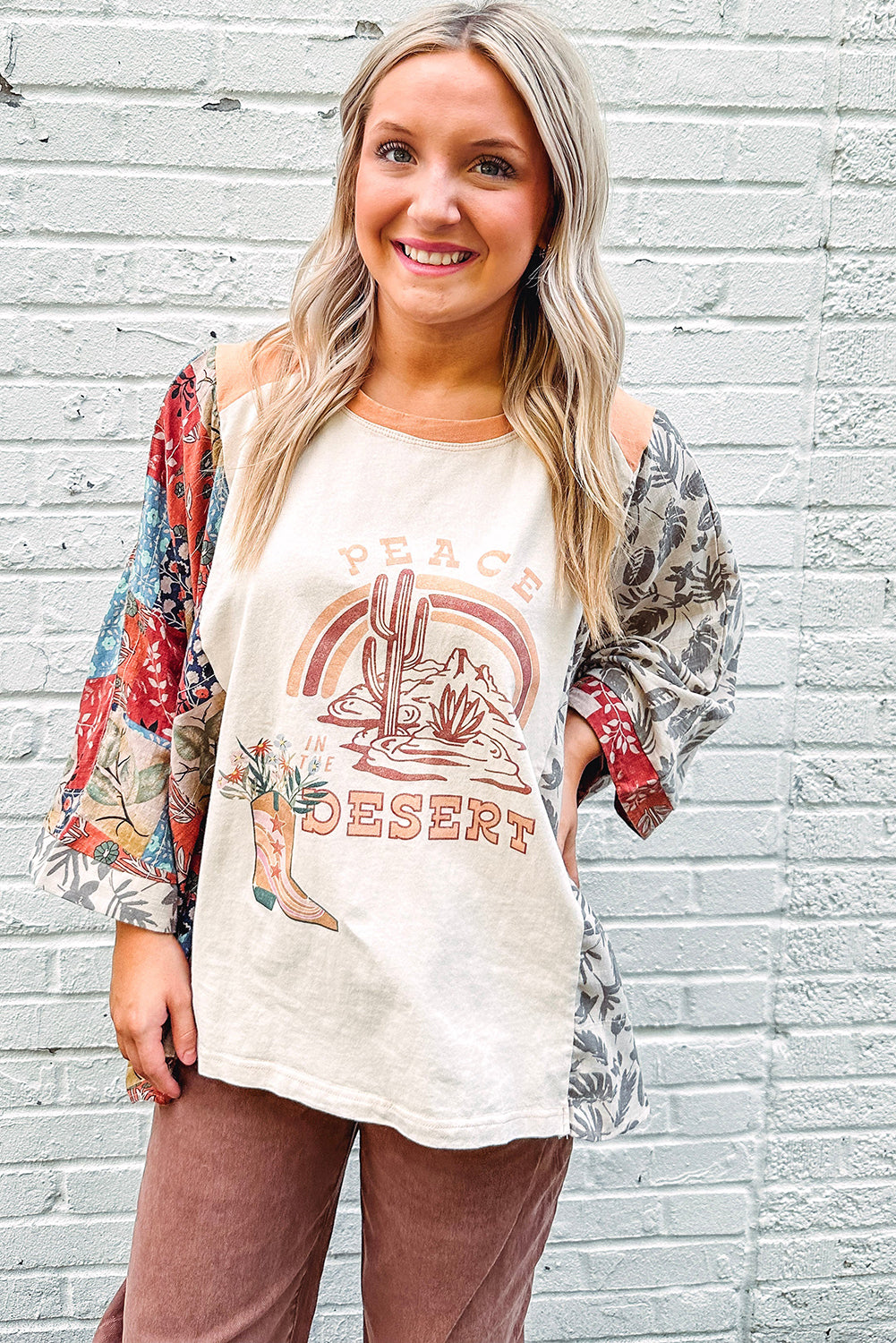 Multicolour Asymmetric Printed Patchwork Sleeve Peace Desert Graphic Top