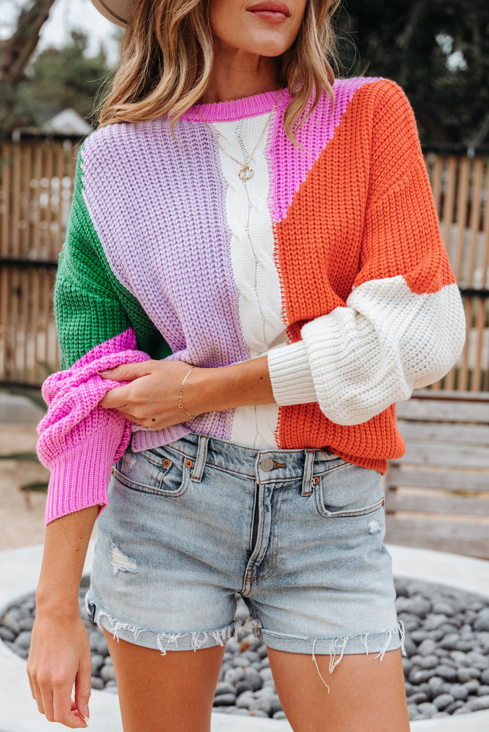 Desert Gold Color Block Textured Knit Drop Shoulder Loose Fit Sweater-TOPS / DRESSES-[Adult]-[Female]-2022 Online Blue Zone Planet