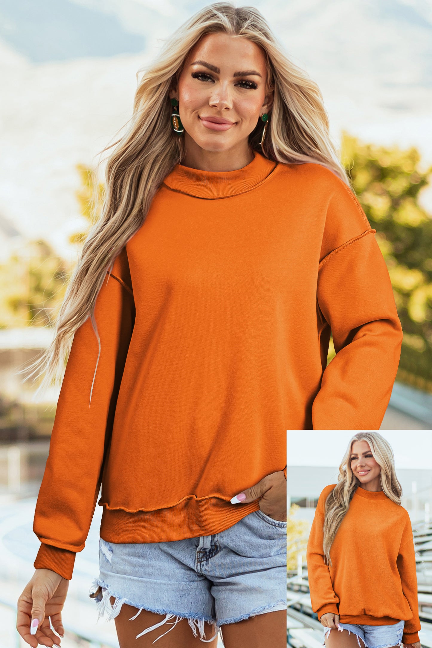 Red Dahlia Oversize Drop Shoulder Reversible Mock Neck Sweatshirt-Tops/Sweatshirts & Hoodies-[Adult]-[Female]-Carrot-S-2022 Online Blue Zone Planet