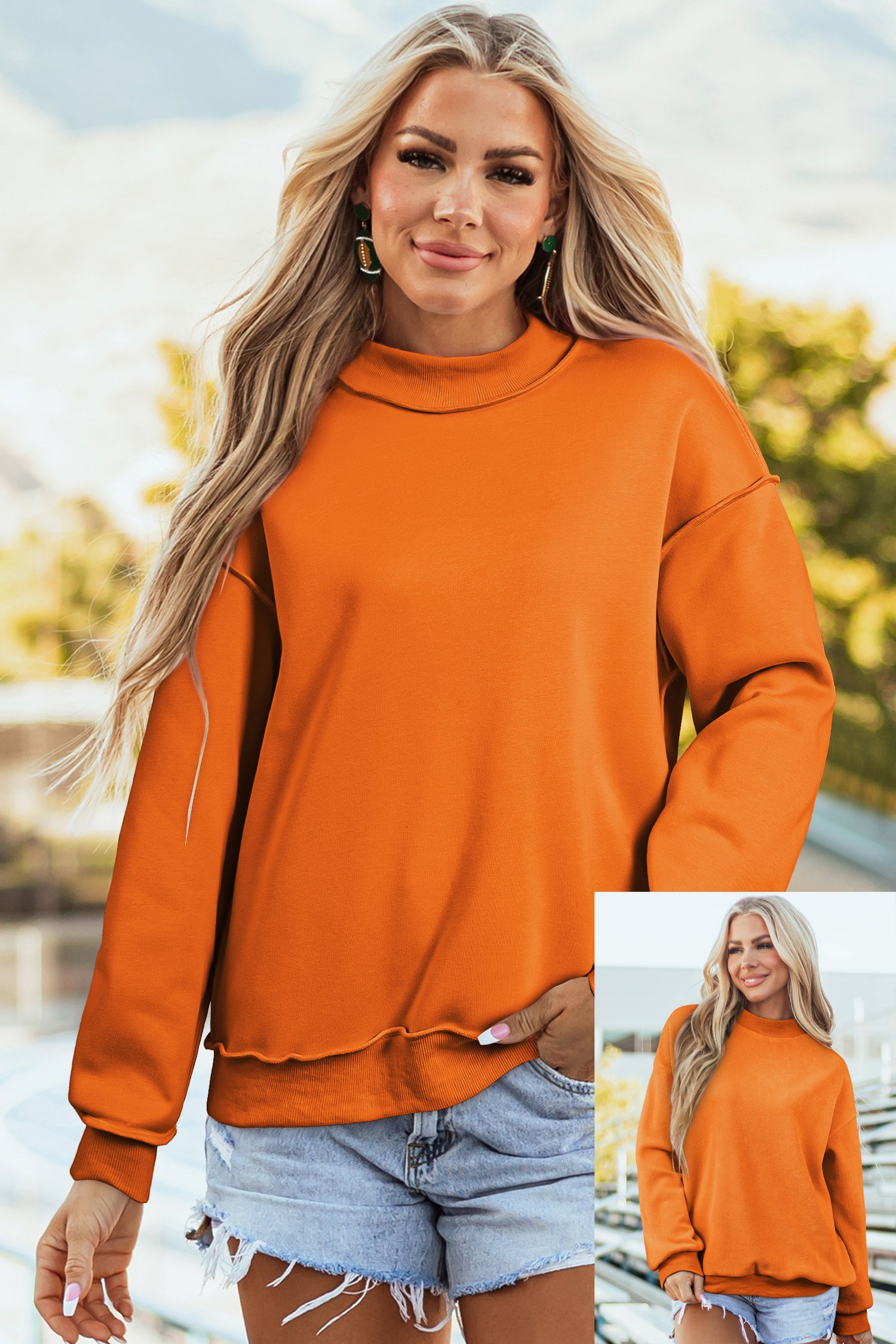 Red Dahlia Oversize Drop Shoulder Reversible Mock Neck Sweatshirt-Tops/Sweatshirts & Hoodies-[Adult]-[Female]-Carrot-S-2022 Online Blue Zone Planet