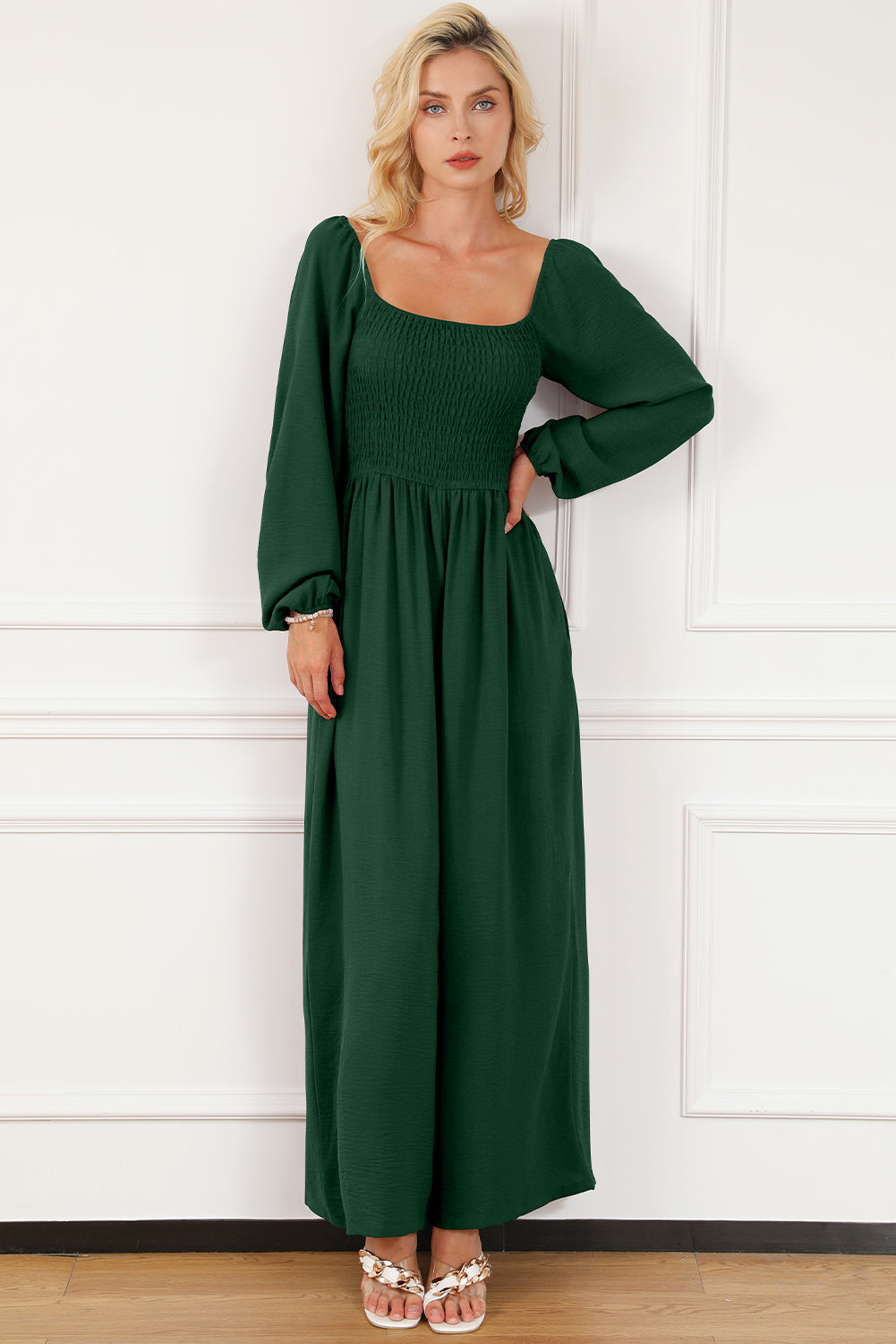 Green Smocked Square Neck Long Sleeve Wide Leg Jumpsuit-Jumpsuits-[Adult]-[Female]-2022 Online Blue Zone Planet