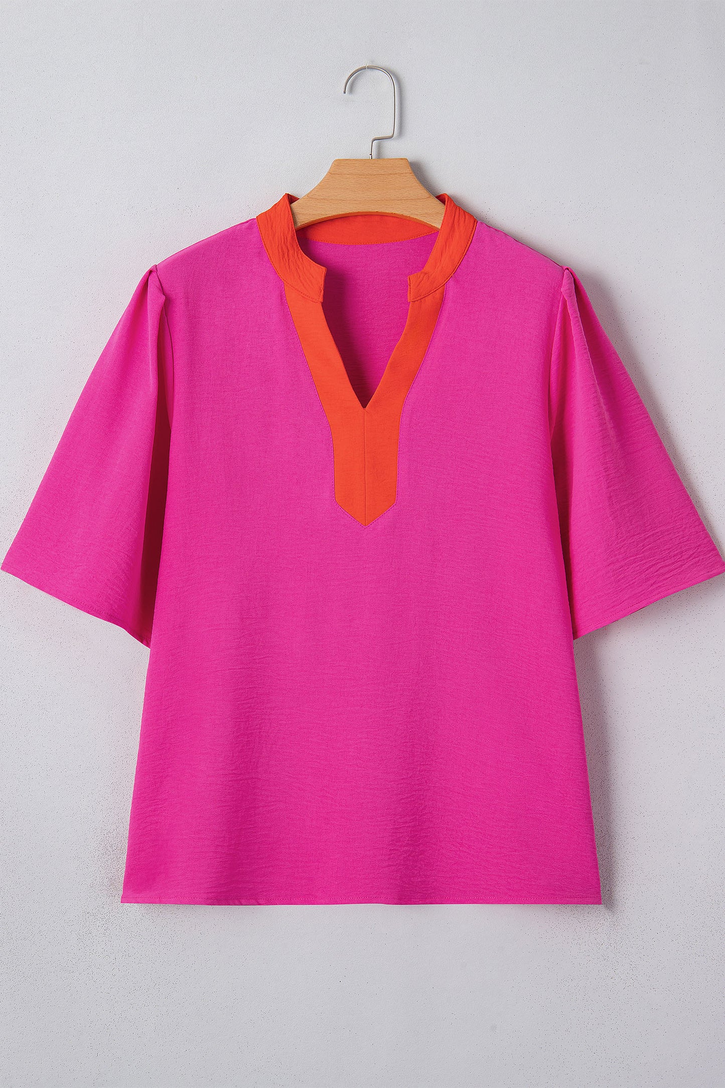 Rose Red Contrast V Neck Colorblock Wide Short Sleeve Top-Tops/Blouses & Shirts-[Adult]-[Female]-2022 Online Blue Zone Planet