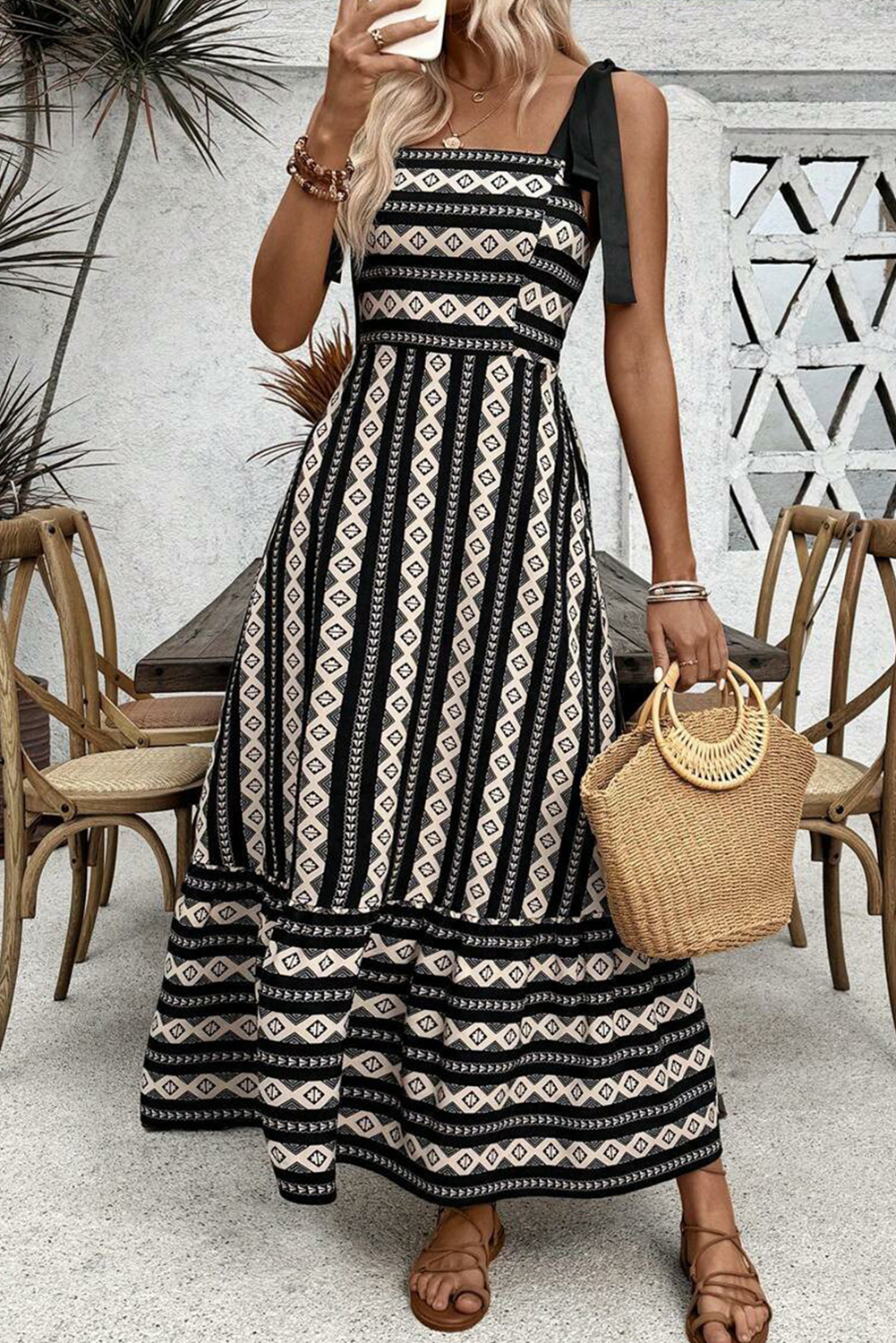 Black Geometric Striped Knot Strap Maxi Dress-Maxi Dresses-[Adult]-[Female]-Black-2XL-2022 Online Blue Zone Planet