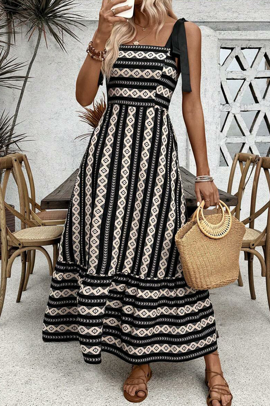 Black Geometric Striped Knot Strap Maxi Dress-Maxi Dresses-[Adult]-[Female]-Black-2XL-2022 Online Blue Zone Planet