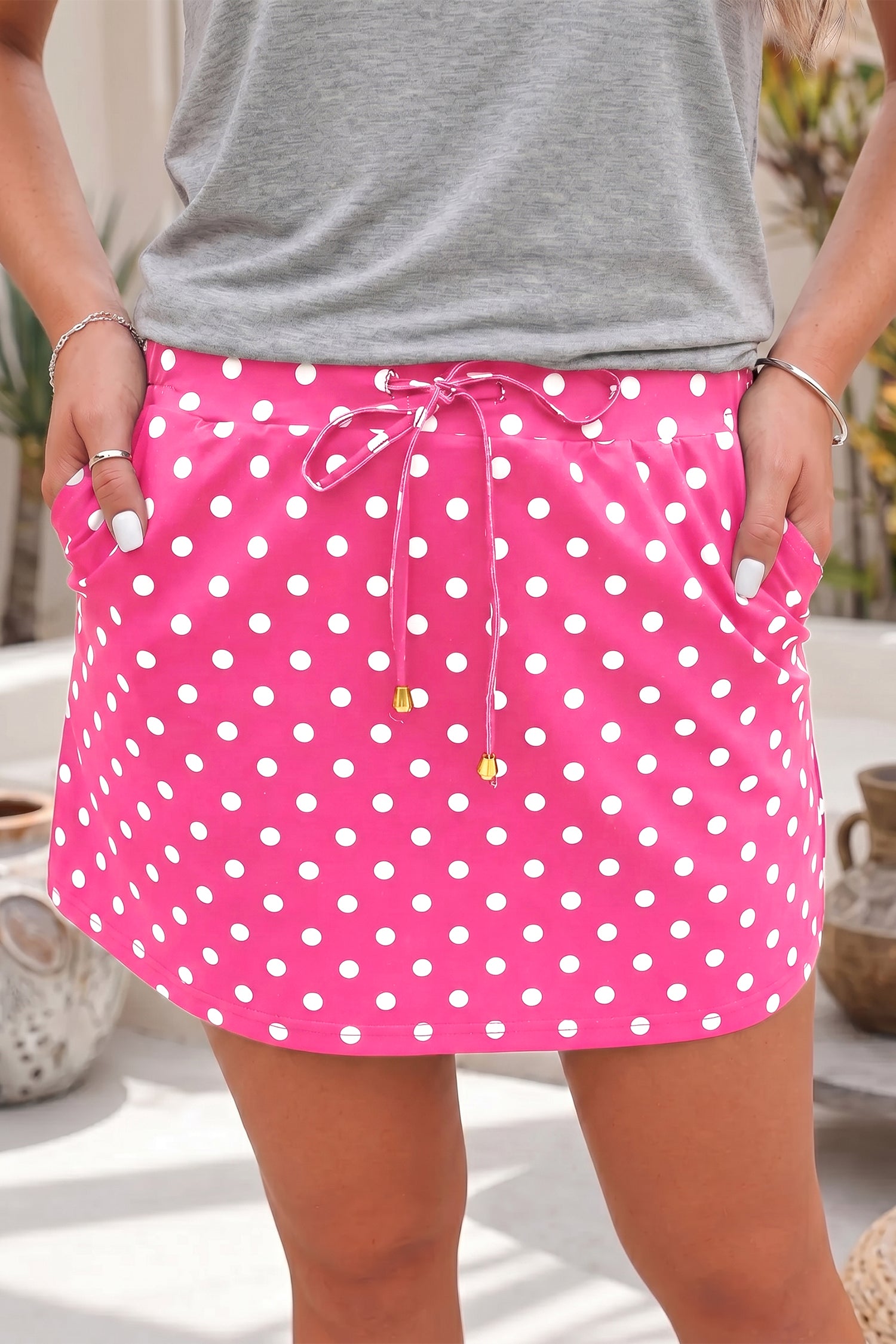 Fiery Red Polka Dot Drawstring Casual Mini Skort-Bottoms/Skirts & Petticoat-[Adult]-[Female]-2022 Online Blue Zone Planet