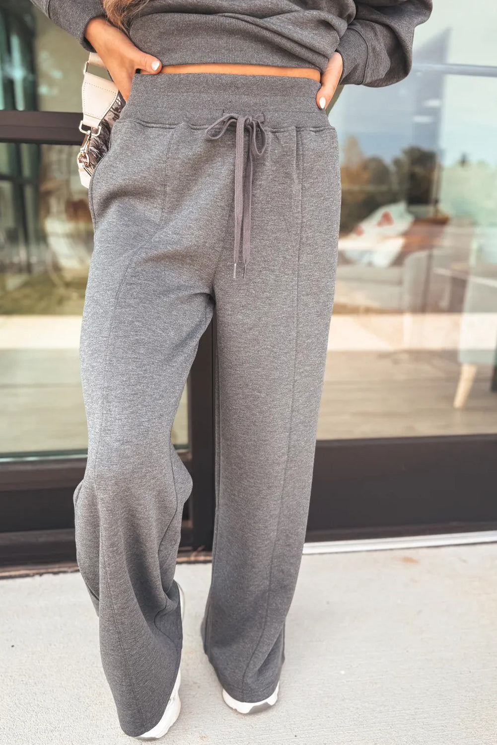 Medium Grey Collared V Neck Pullover Sweatshirt Sweatpants Set-Two Piece Sets/Pant Sets-[Adult]-[Female]-2022 Online Blue Zone Planet