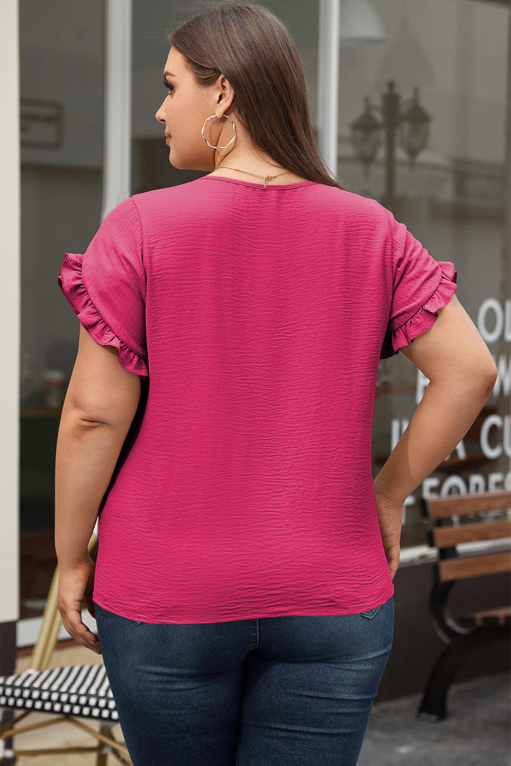 Blue Zone Planet | Bright Pink Ruffled Short Sleeve Plus Size Top-TOPS / DRESSES-[Adult]-[Female]-2022 Online Blue Zone Planet