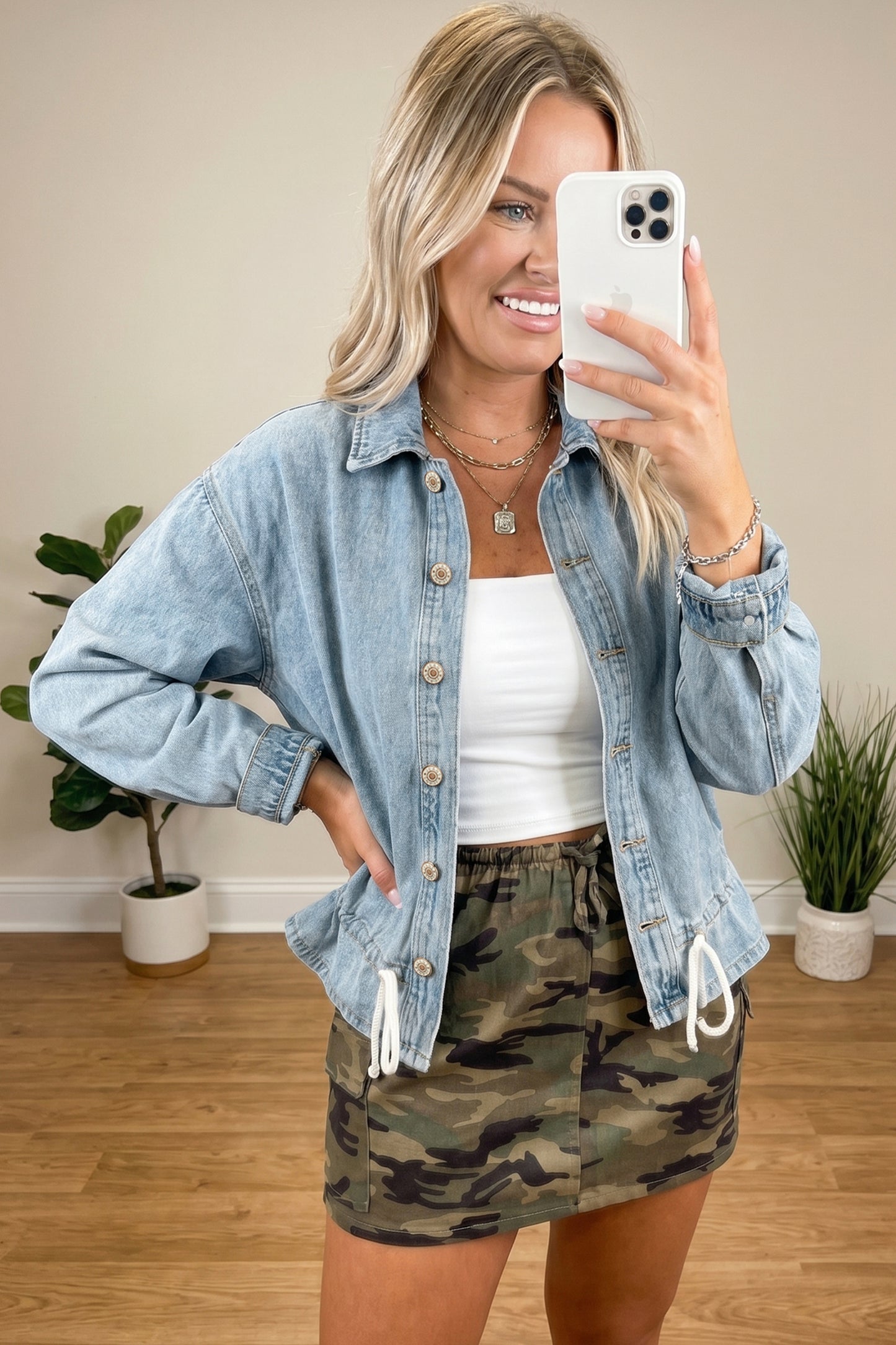 Beau Blue Draw-cord Hem Light Wash Denim Jacket-Outerwear/Jackets-[Adult]-[Female]-2022 Online Blue Zone Planet