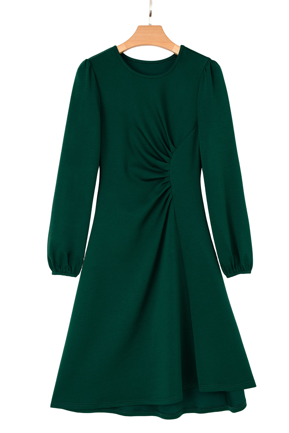 Blackish Green Solid Color Ruched Detail Long Sleeve Midi Dress-TOPS / DRESSES-[Adult]-[Female]-2022 Online Blue Zone Planet