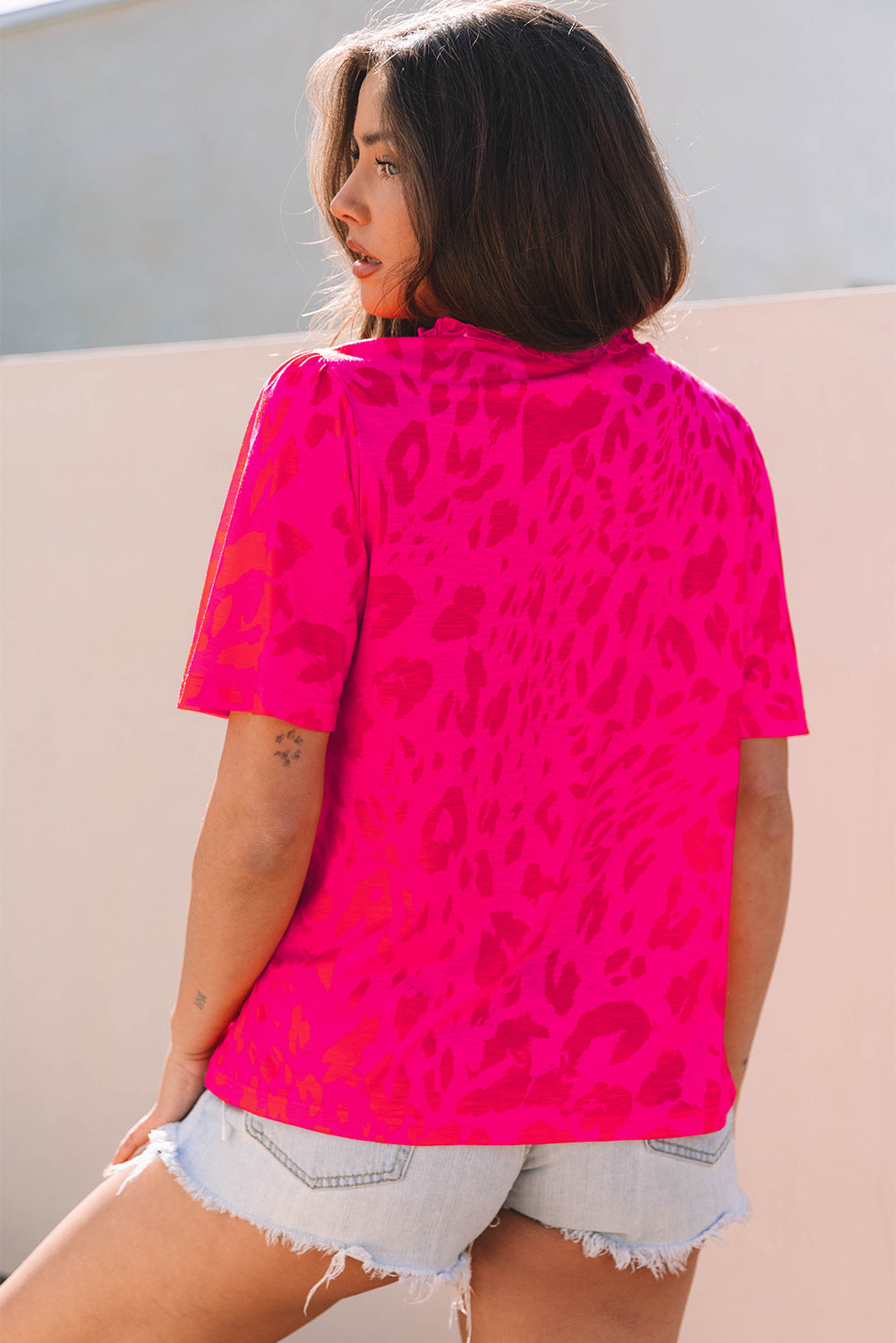 Rose Leopard Frilly V Neck Short Sleeve Blouse-Tops/Blouses & Shirts-[Adult]-[Female]-2022 Online Blue Zone Planet