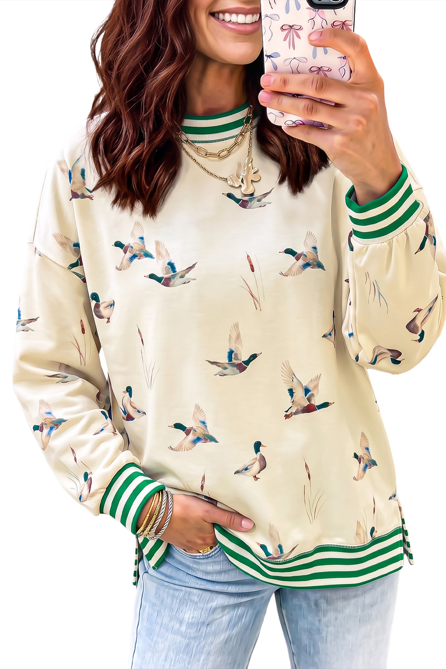 Beige Duck Print Striped Trim Cuffs Round Neck Casual Sweatshirt-Tops/Sweatshirts & Hoodies-[Adult]-[Female]-2022 Online Blue Zone Planet