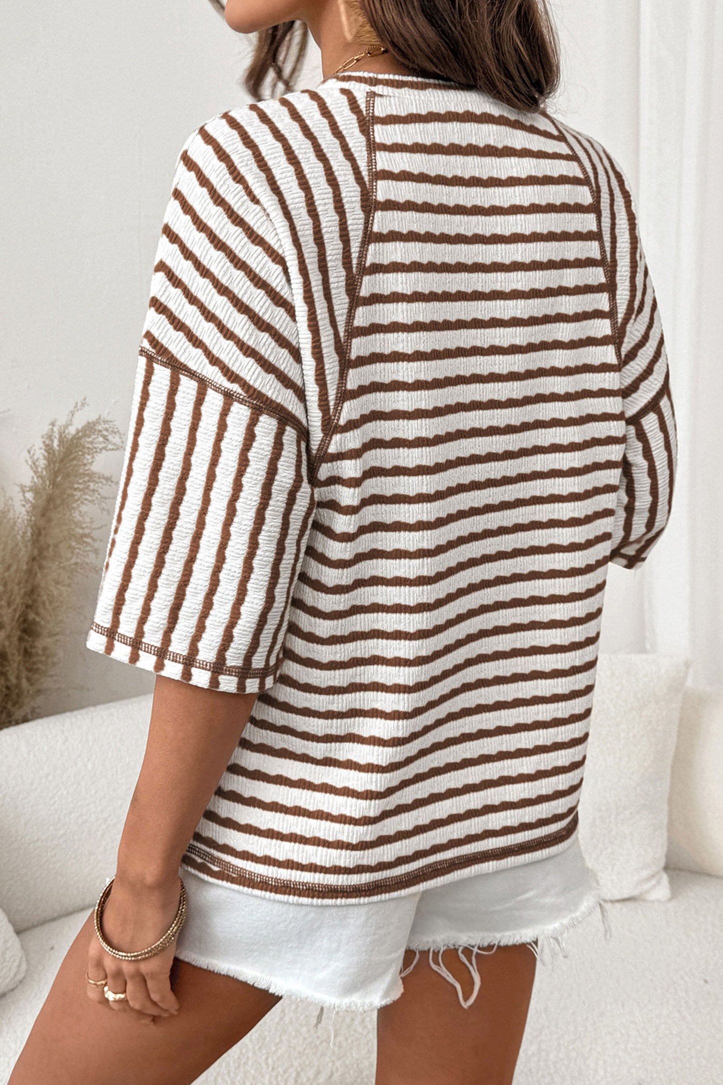 Brown Stripe Textured Knit Split Hem Half Sleeve Loose Top-Tops/Tops & Tees-[Adult]-[Female]-2022 Online Blue Zone Planet