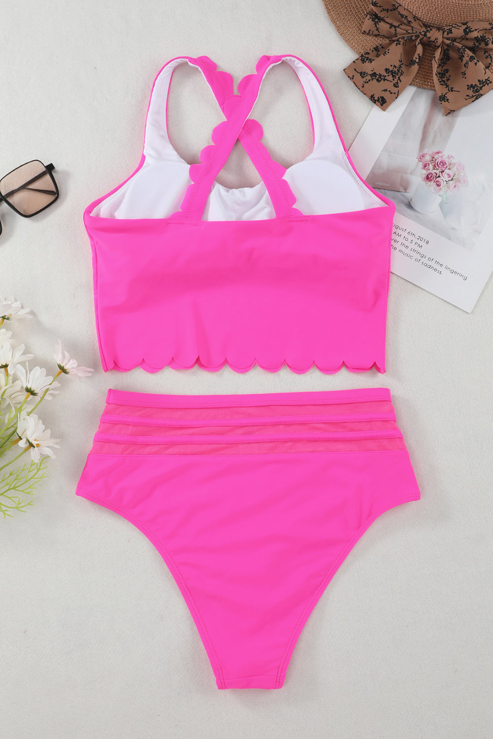 Pink Scalloped Sleeveless High Waisted Two Piece Swimsuit-Bikini Sets-[Adult]-[Female]-2022 Online Blue Zone Planet