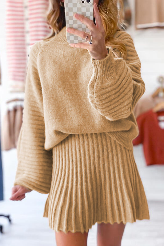 Smoke Gray High Neck Puff Sleeve Sweater Pleated Mini Skirt 2pcs Knitted Outfit-TOPS / DRESSES-[Adult]-[Female]-2022 Online Blue Zone Planet