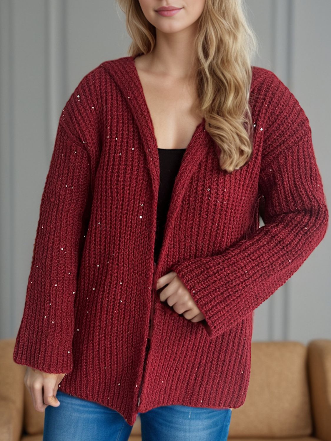 Blue Zone Planet | Sequin Detail Long Sleeve Hooded Cardigan-TOPS / DRESSES-[Adult]-[Female]-Burgundy-One Size-2022 Online Blue Zone Planet