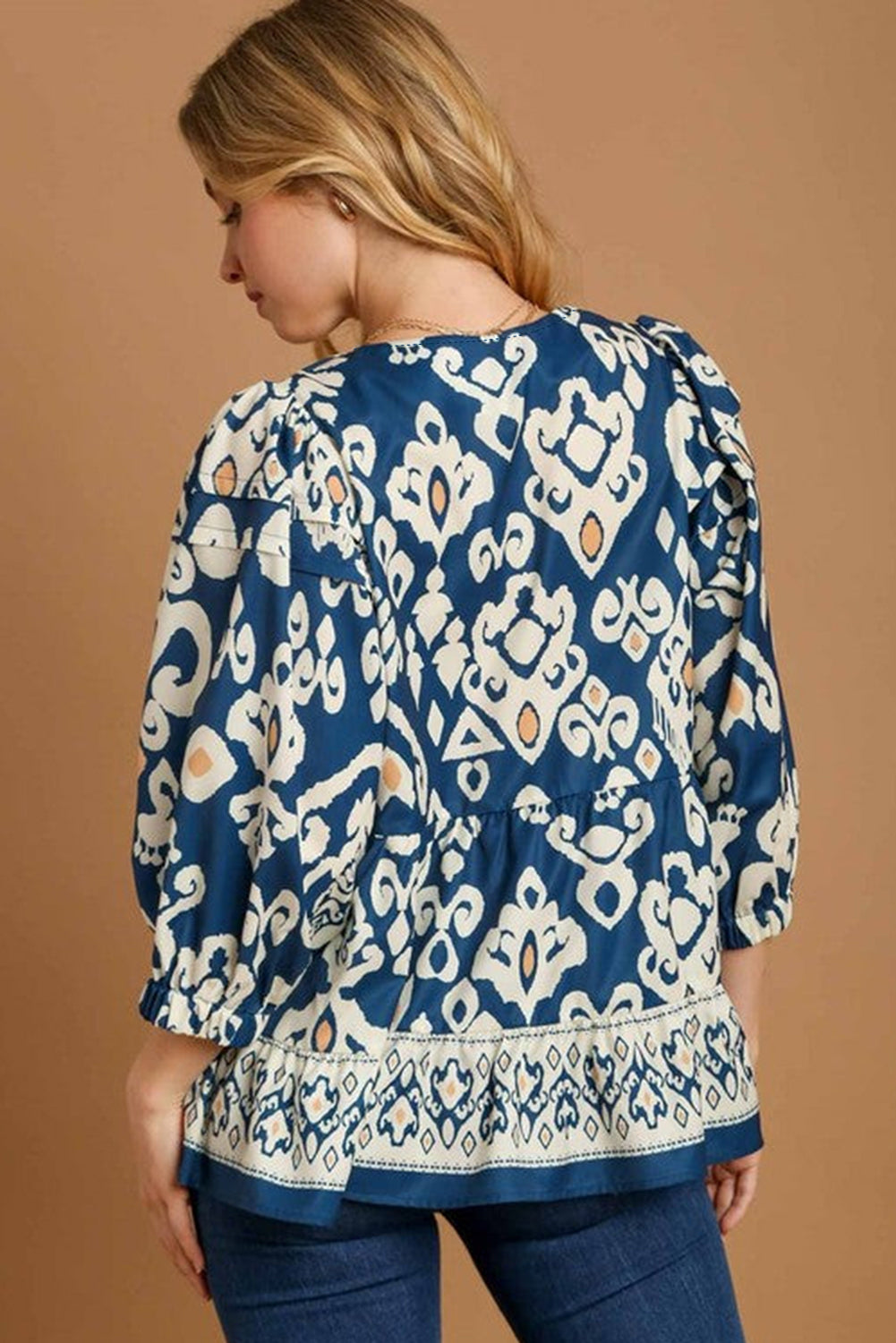 Blue Tribal Geometric Print 3/4 Sleeve Flowy Fit Blouse-Tops/Blouses & Shirts-[Adult]-[Female]-2022 Online Blue Zone Planet