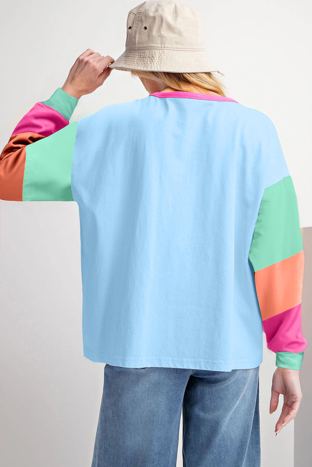 Green Colorblock Patchwork Long Sleeve Loose Top-Tops/Long Sleeve Tops-[Adult]-[Female]-2022 Online Blue Zone Planet