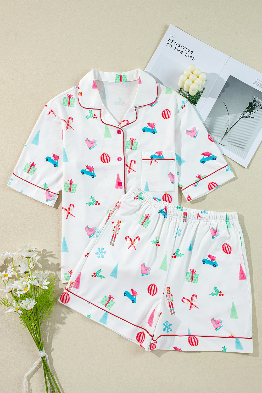 Blue Zone Planet | White Christmas Print Short Sleeve Shirt and Shorts Pajama Set-TOPS / DRESSES-[Adult]-[Female]-2022 Online Blue Zone Planet