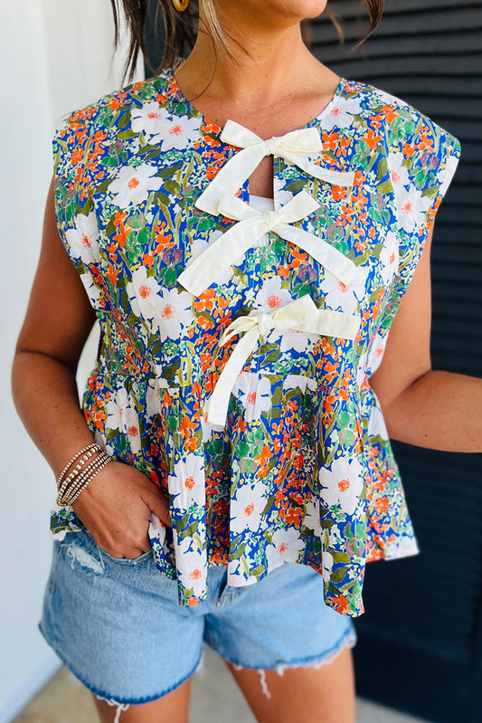 Green Floral Print Bow Applique Slit Sleeveless Peplum Blouse-Tops/Blouses & Shirts-[Adult]-[Female]-Green-S-2022 Online Blue Zone Planet
