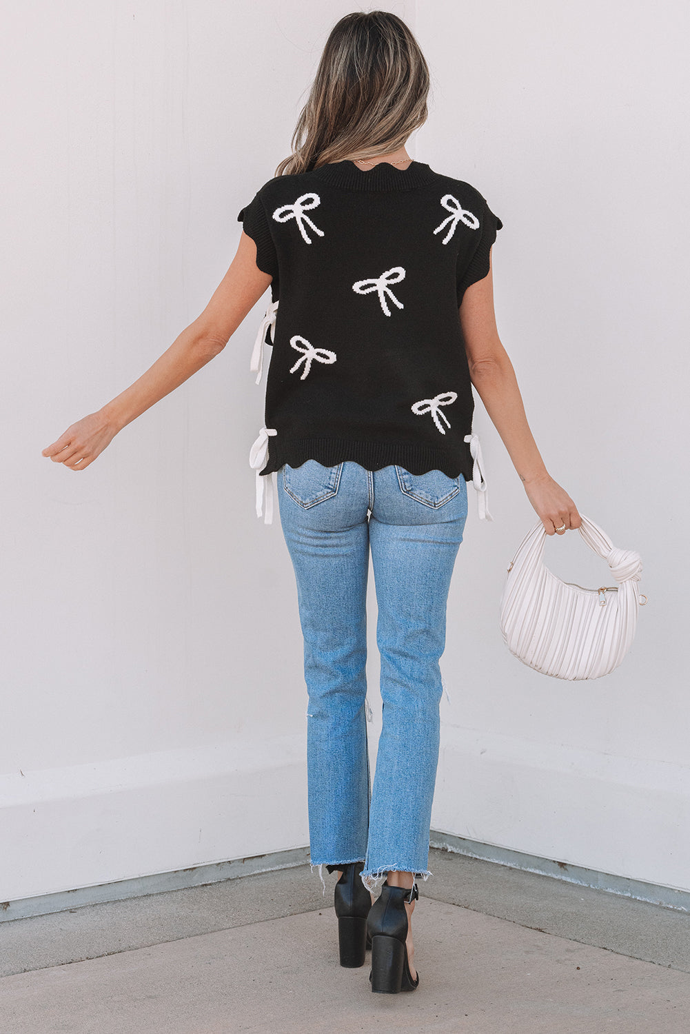 Black Bow Print Side Ties Scalloped Hem Sweater T Shirt-Sweaters & Cardigans/Short Sleeve Sweaters-[Adult]-[Female]-2022 Online Blue Zone Planet