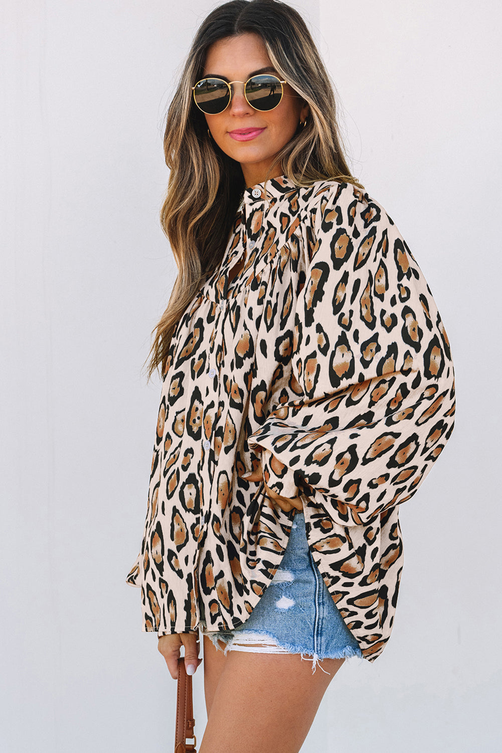 Blue Zone Planet | Jet Stream Oversized Leopard Print Balloon Sleeve Casual Shirt-Tops/Blouses & Shirts-[Adult]-[Female]-2022 Online Blue Zone Planet