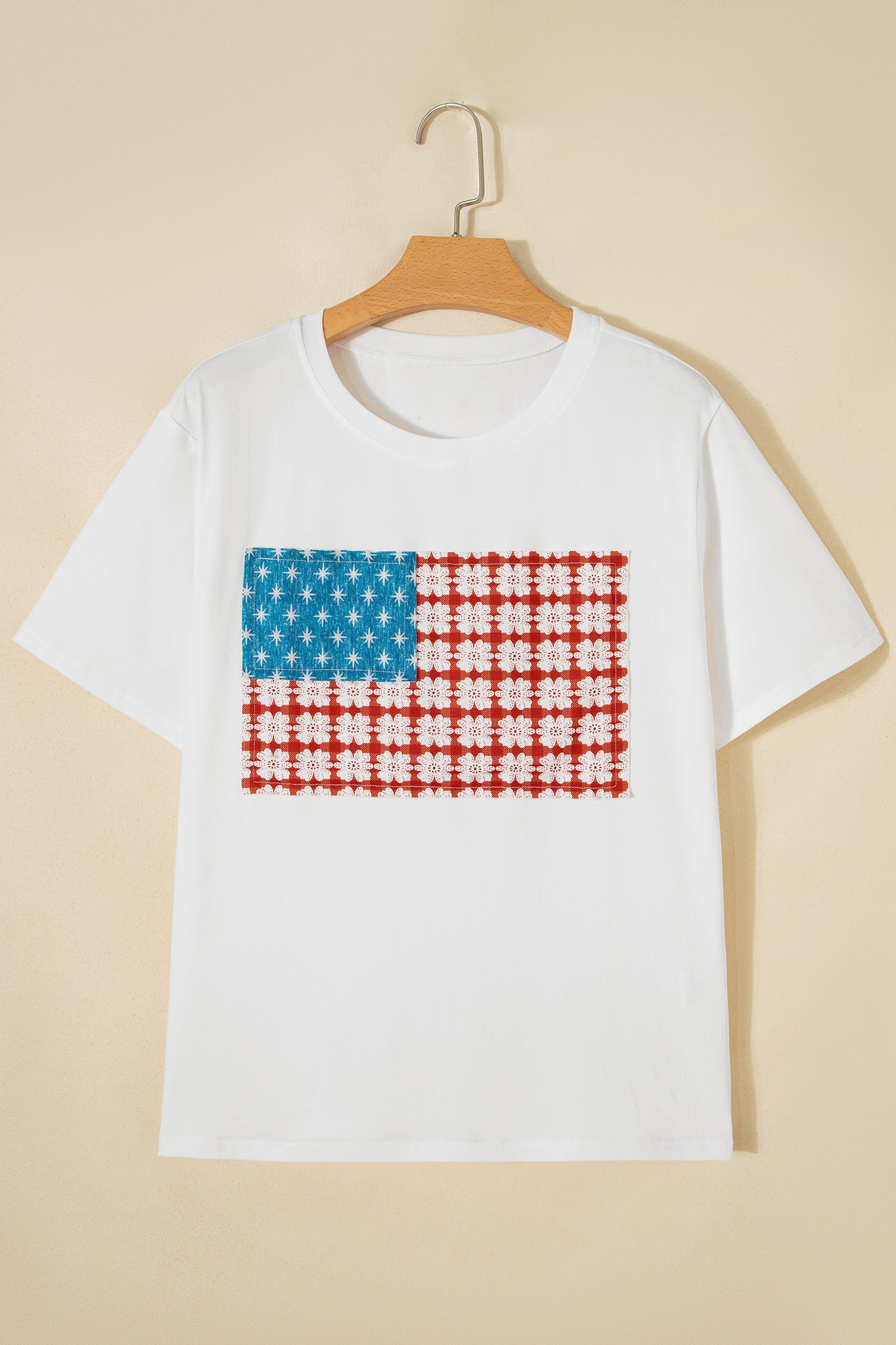 White Fancy Embroidered Patch Flag Casual T Shirt-Tops/Tops & Tees-[Adult]-[Female]-2022 Online Blue Zone Planet