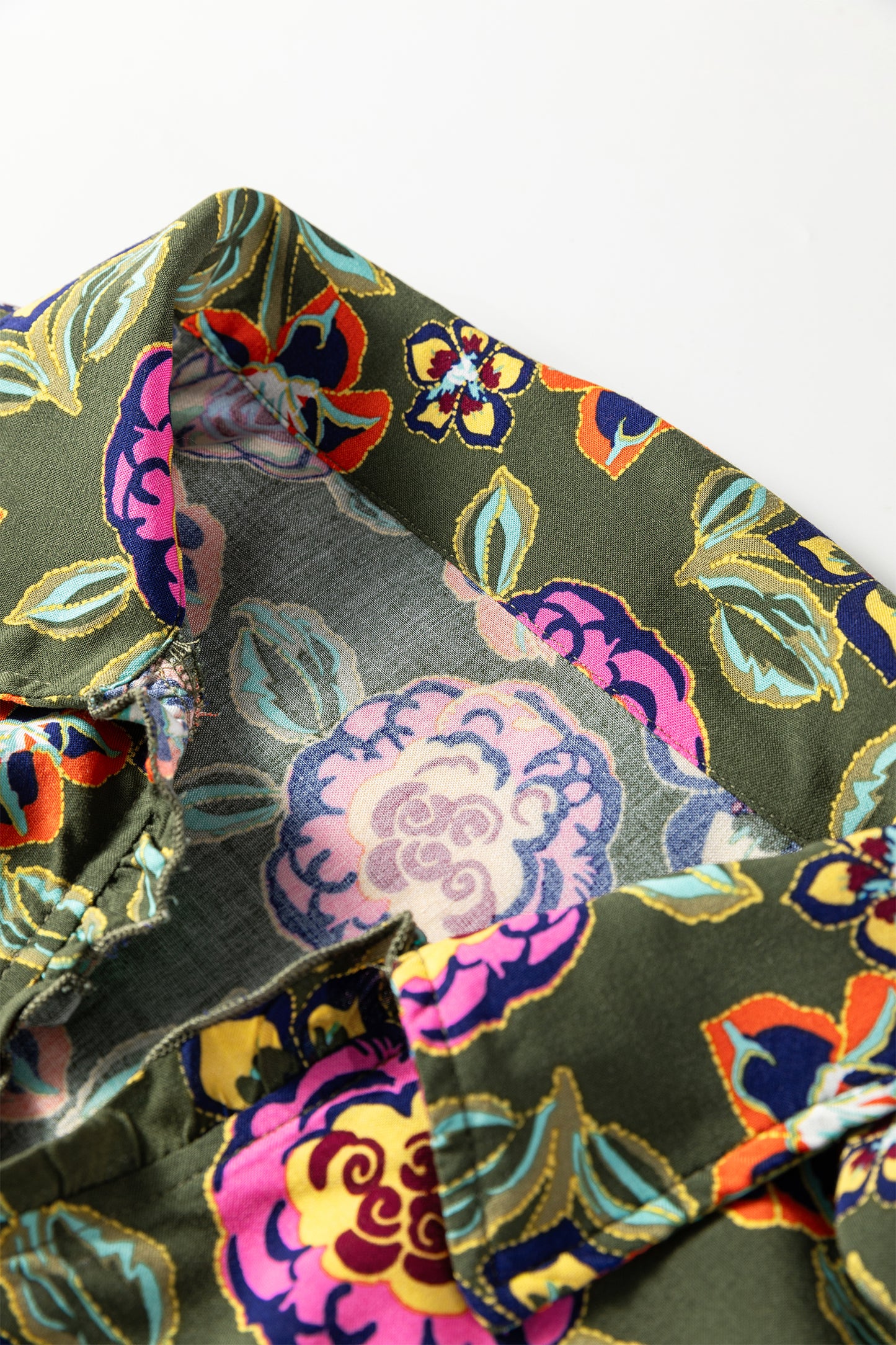 Green Plus Size Floral Print Collared V Neck Loose Mini Dress-TOPS / DRESSES-[Adult]-[Female]-2022 Online Blue Zone Planet