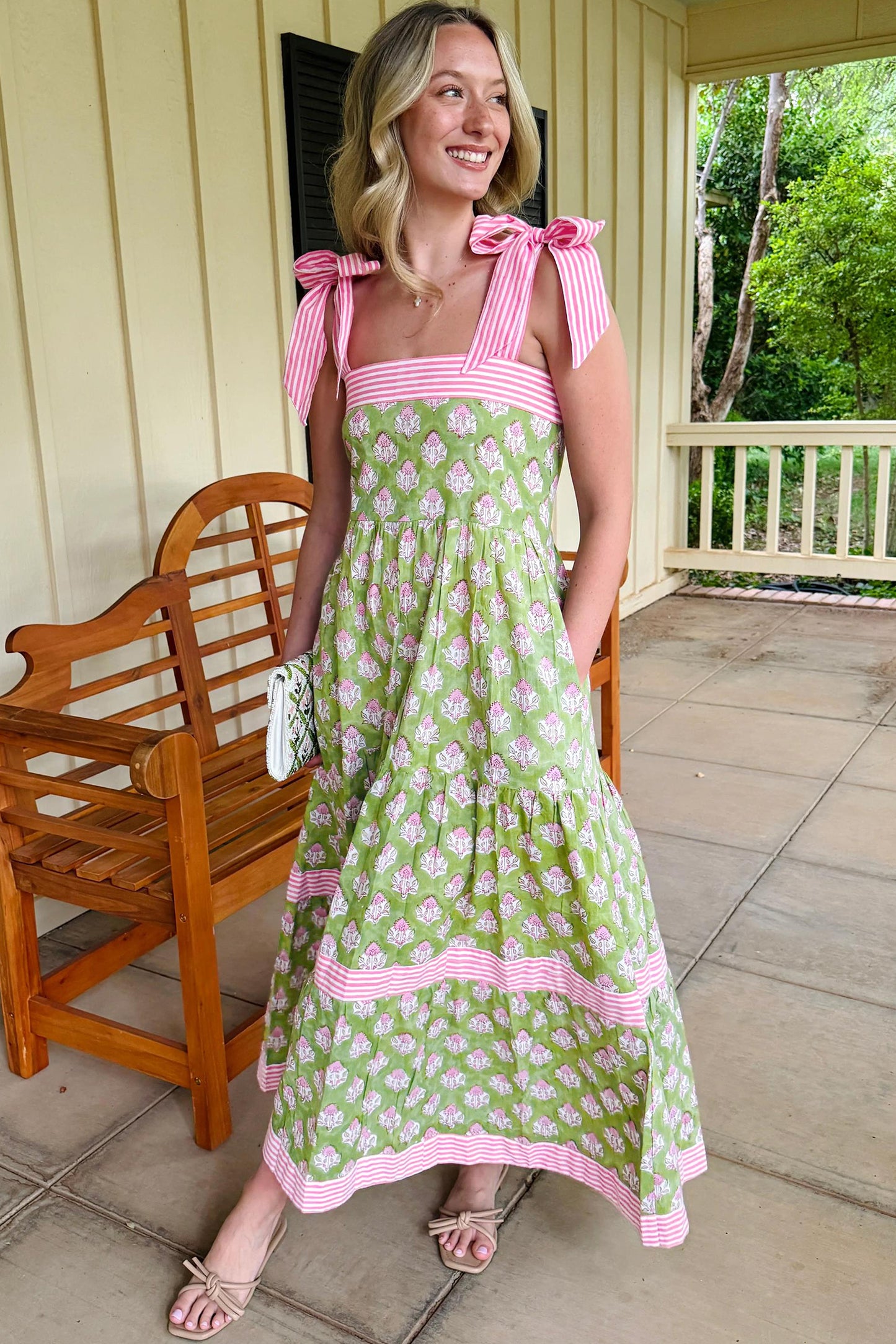 Green Floral Print Striped Detail Knot Straps Maxi Dress-Dresses/Floral Dresses-[Adult]-[Female]-2022 Online Blue Zone Planet