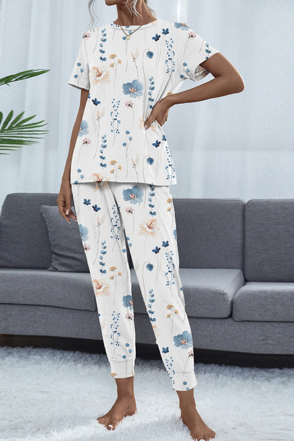 Shiny Printed Round Neck Top and Pants Set-TOPS / DRESSES-[Adult]-[Female]-2022 Online Blue Zone Planet